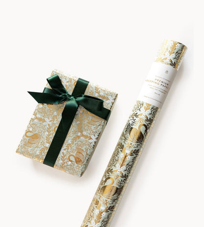 Gift Wrap Roll 3m - Golden Swans (Duck Egg Blue with Gold Foil)