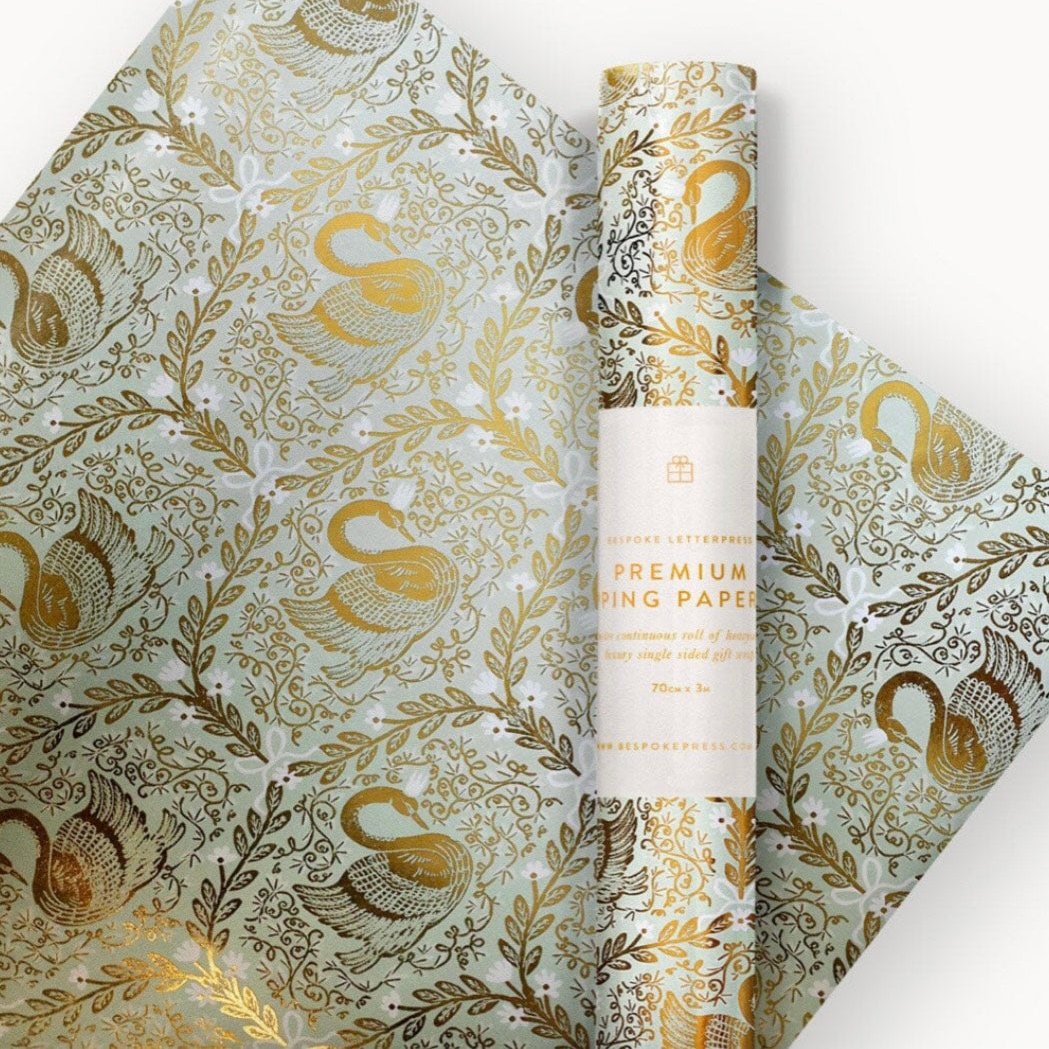 Gift Wrap Roll 3m - Golden Swans (Duck Egg Blue with Gold Foil)